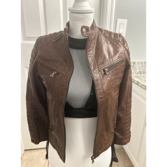 Anzo Cuir Genuine Leather Moto Jacket – Brown (Fits XS–S) Bella sea aesthetic - Picture 1 of 6